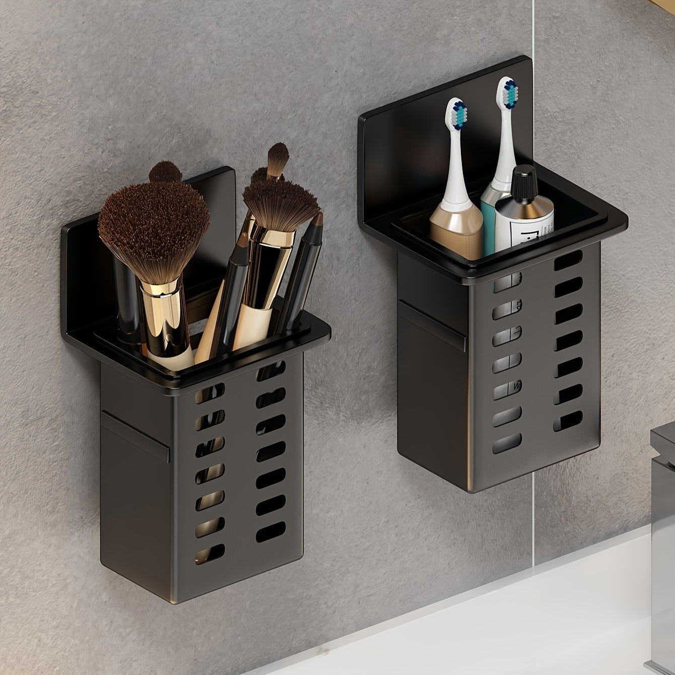 Sleek black wall-mounted toothbrush holder with compartments for toothbrushes, toothpaste, and beauty supplies; no drilling needed.