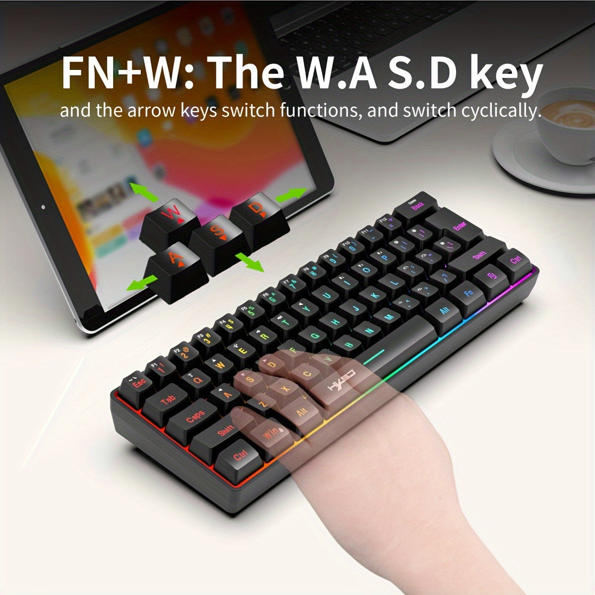 HXSJ Mini Wireless Gaming Keyboard with RGB Backlit and 61 keys for Office/Home Use.