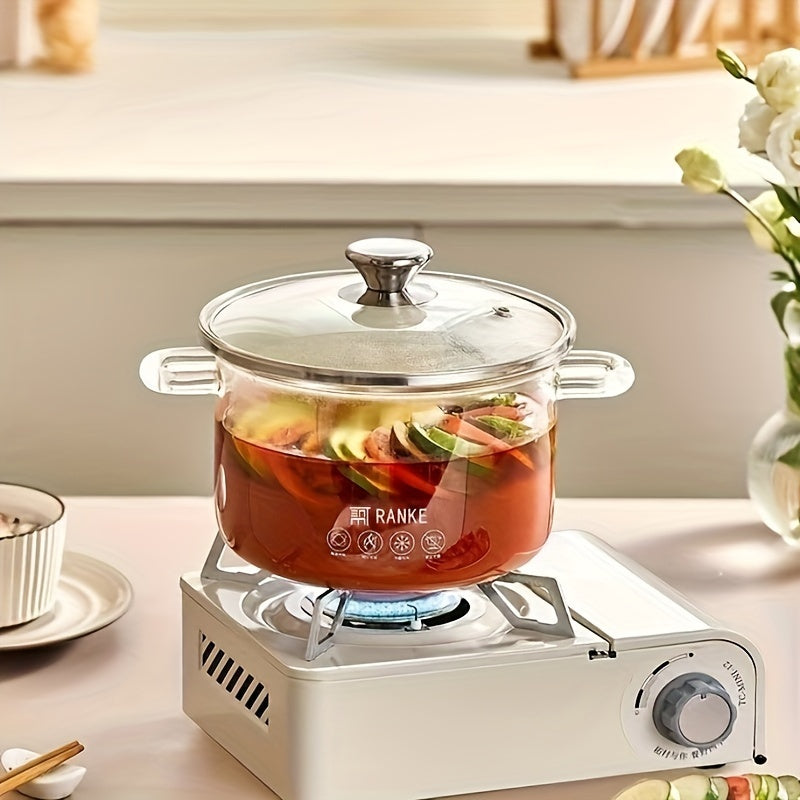 Transparent stovetop cooking pot made of borosilicate glass with seal finish, suitable for induction cooking. A kitchen gadget accessory that requires no power.