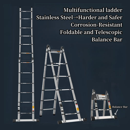 Sturdy stainless steel folding ladder with balance bar, 149.69KG capacity. Great for both outdoor and household use.