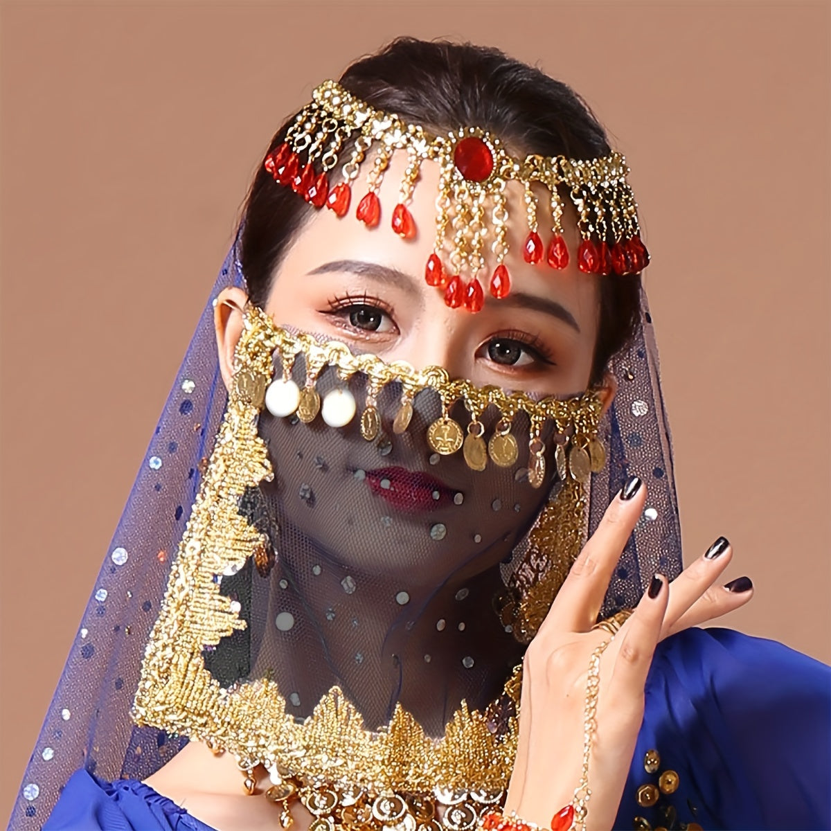 Women's Belly Dance Coin Face Covering Veil for Exotic Western Cosplay Dance Performance