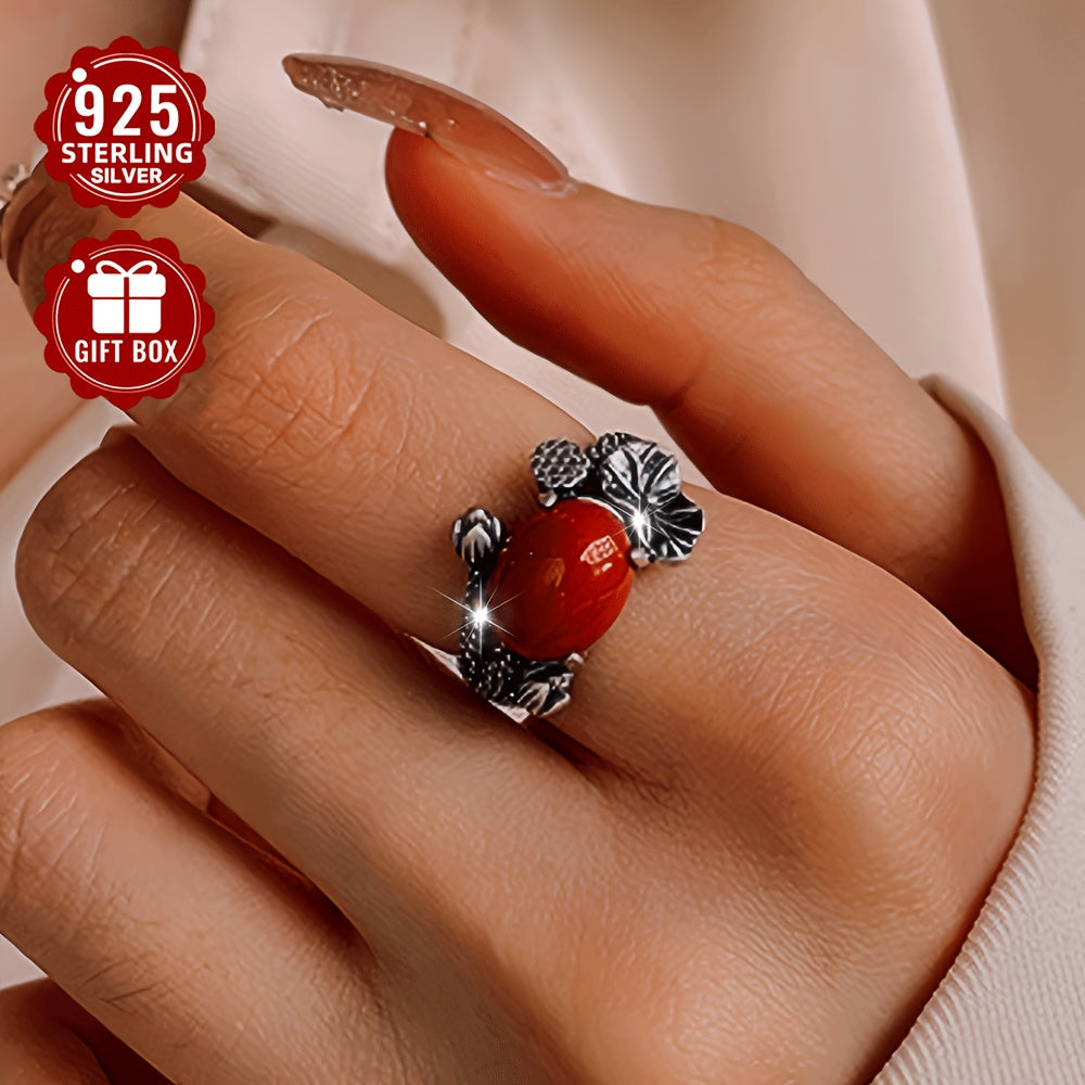 Classic 925 Sterling Silver Ring with Red Agate Stone - Featuring Lotus Leaf Design, Ideal for Both Formal Events and Everyday Wear, Matte Finish, Single Piece, Lightweight 4.6g