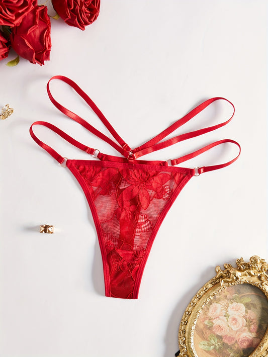 Stylish red lace thong with straps for women.