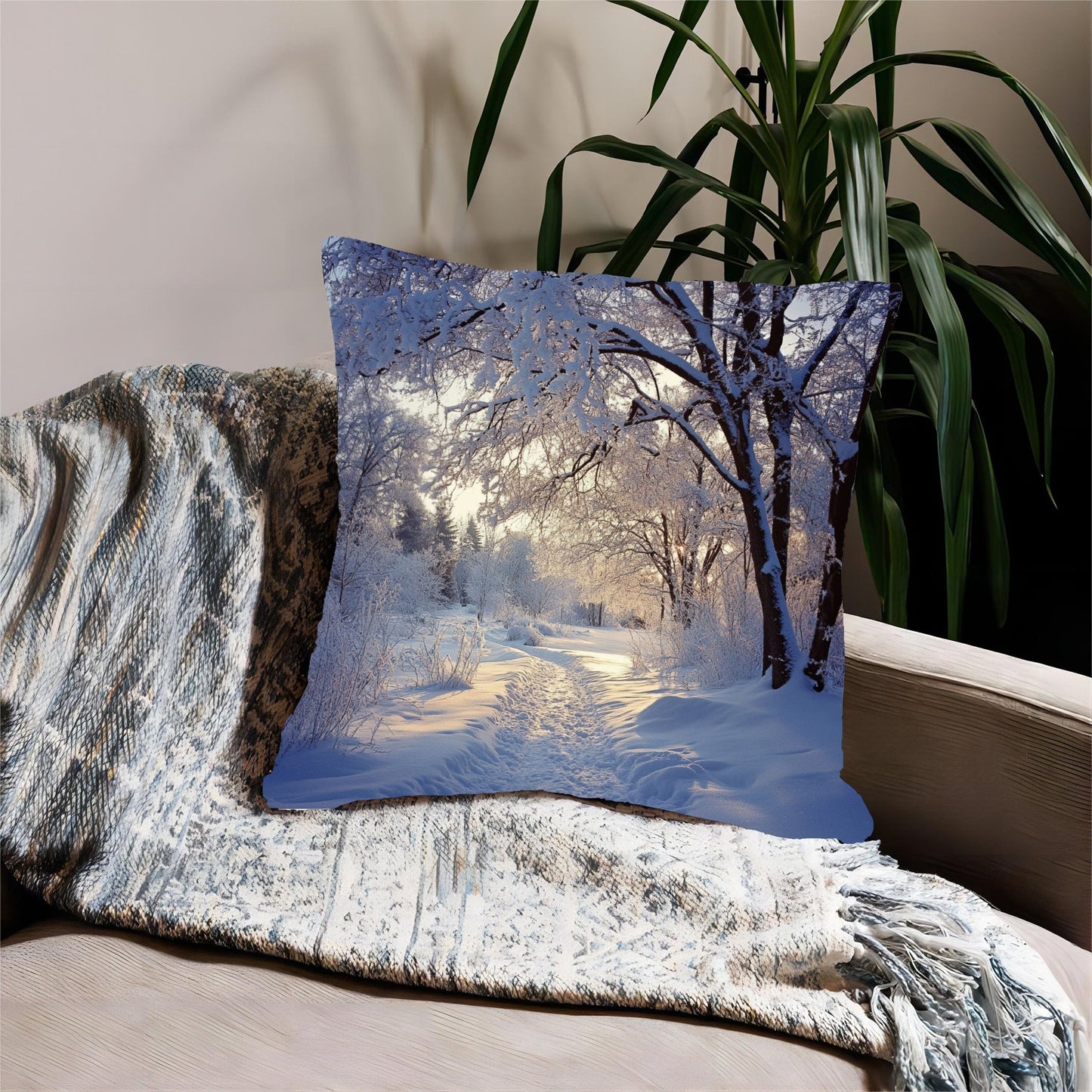 Stay cozy with our Winter Wonderland Snow Scene Throw Pillow Cover, measuring 45.72x45.72 cm. Made of contemporary short plush polyester, this machine washable pillowcase features a zippered design for easy cleaning. Suitable for various room types, this