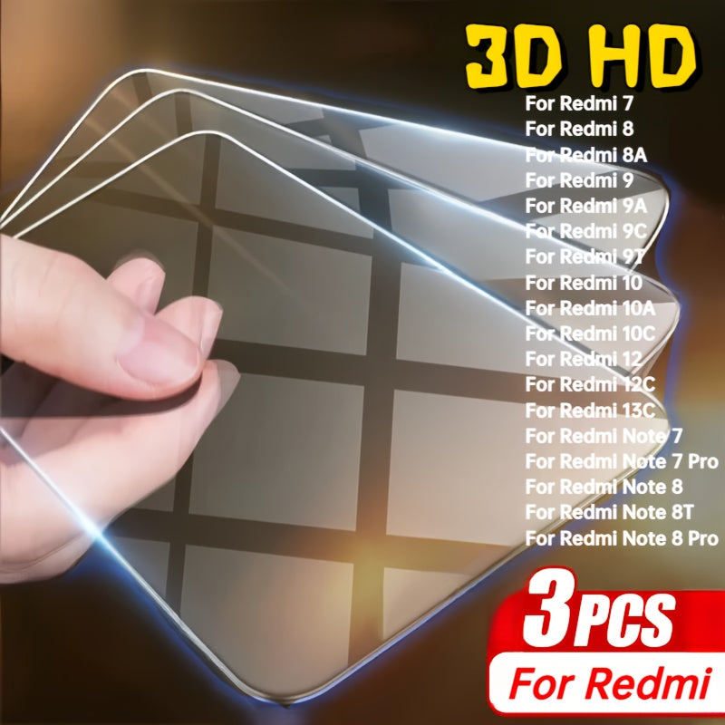 3 tempered glass screen savers for Redmi 7 to 13 and Note 7 Pro to 13 Pro models.