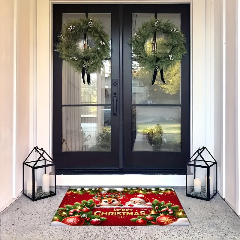 Get into the holiday spirit with this festive red flannel Christmas carpet featuring a non-slip Santa Claus and reindeer pattern. This thickened sponge carpet is perfect for adding a touch of Christmas cheer to your home decor. Use it as a door mat