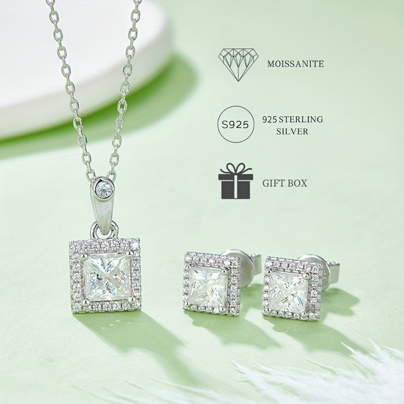 Elegant Square S925 Silver-Plated White Gold Moissanite Pendant Necklace and Earring Set, Stylish Accents for Parties, Vacation Beach Wear, Thoughtful Gift for Her, Unisex Present, Perfect for Everyday Outfits