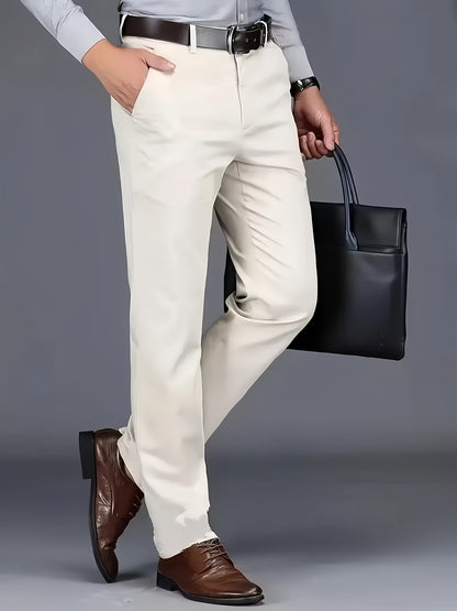 Men's solid dress pants, lightweight and comfortable with a regular fit and cuffed hems suitable for all seasons, ideal for business and casual wear.