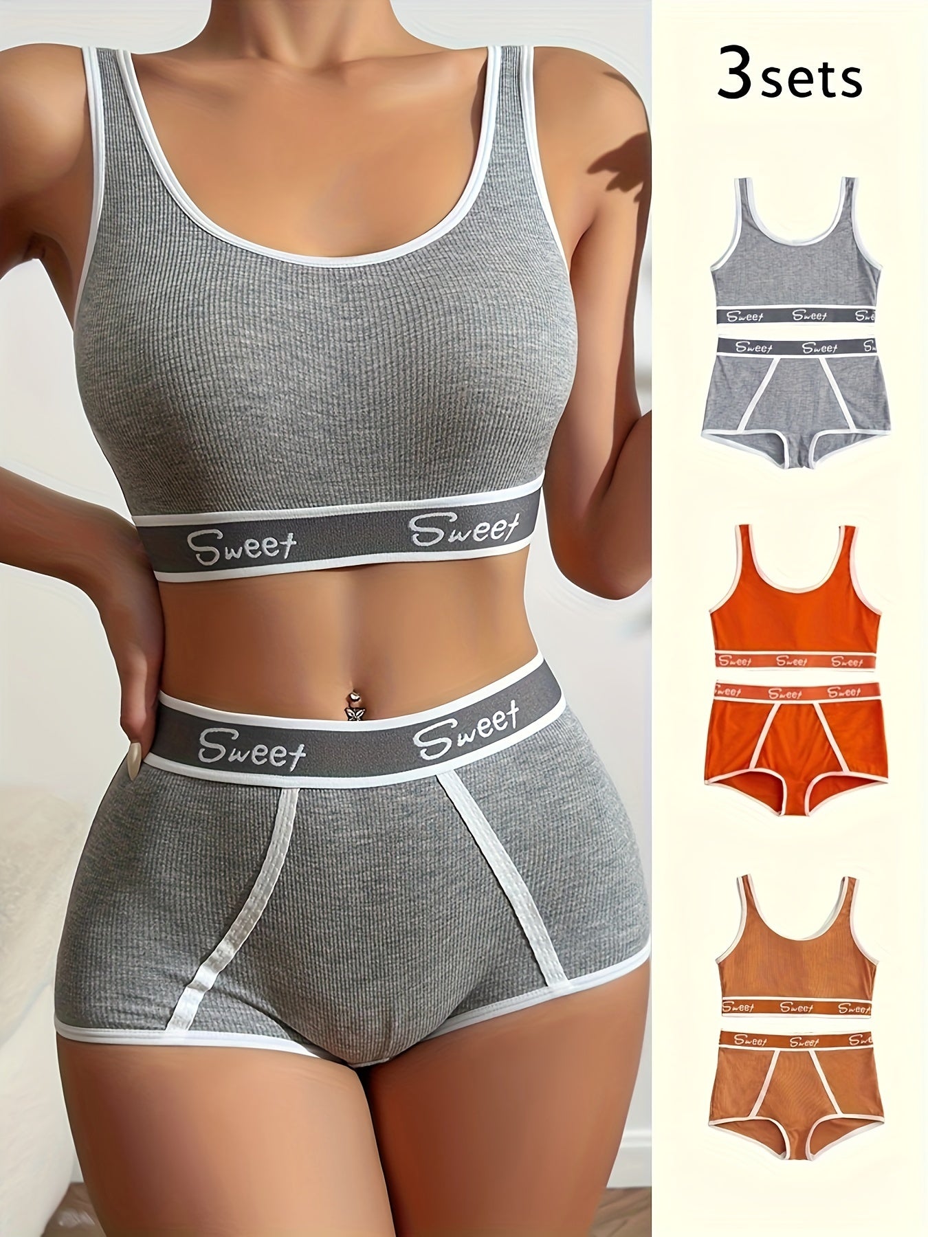 Sporty letter contrast trim bra and shorts set, scoop neck soft bra and high waist boxer shorts lingerie set for women.