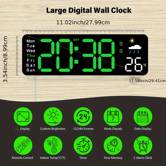 11" Large Digital Wall Clock with temp & date display- Auto Dim, Snooze, 12/24H format, USB Powered, Remote included- Battery excluded.