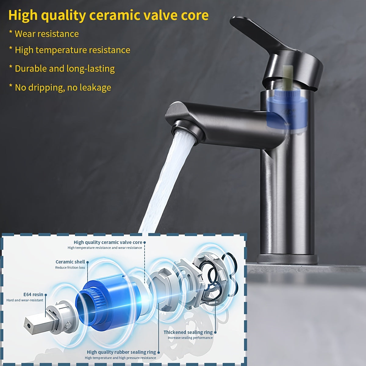 Modern 304 stainless steel faucet, single handle dual control, gun grey finish for home bathroom sink with rust prevention.