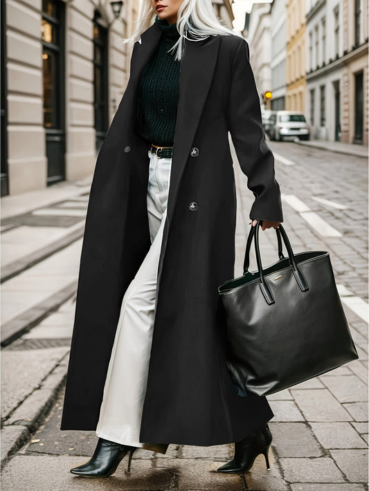 Stylish Women's Long Green Coat - Double-breasted with Large Buttons, Long Sleeves, Side Pockets for Fall/Winter Fashion