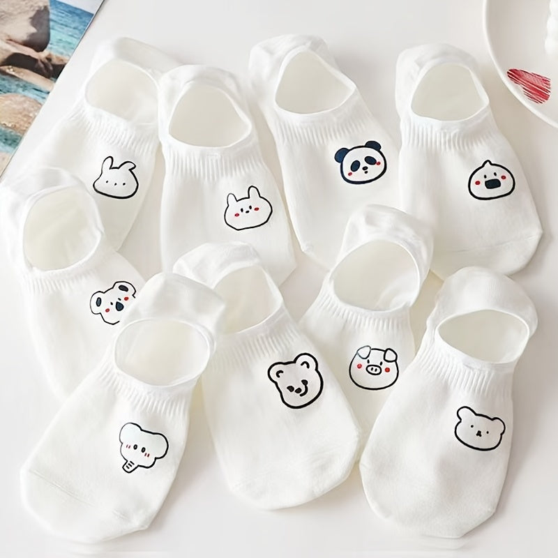 10 pairs of women's low-cut invisible socks with cartoon designs, non-slip and short.