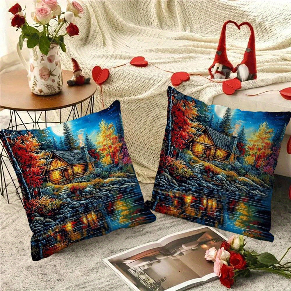 Set of 2 Contemporary Flannel Pillow Cases, 45.72x45.72 cm, Featuring Lakeside Lodge Scenery, Easy to Clean in Washing Machine, Zippered Closure, Ideal for Year-Round Comfort for Those Who Sleep on Their Back, Adds Style to Indoor and Outdoor Sofas