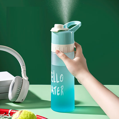 Large capacity gradient sports water bottle with spray function, made of durable PP, essential for summer cooling. Available in blue, green, or pink with "HELLO WATER" motif.