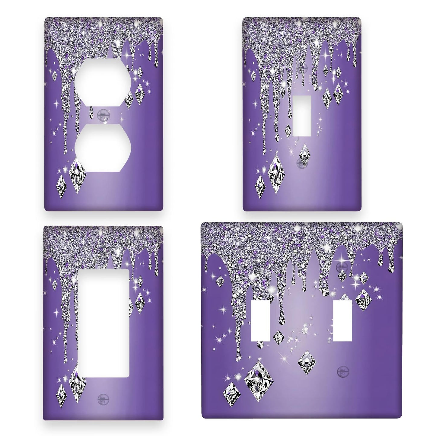 Glitter diamond purple drip light switch cover with ornate design, no electricity required. Easy to clean and suitable for various rooms. Available in 1 or 2 gang sizes.