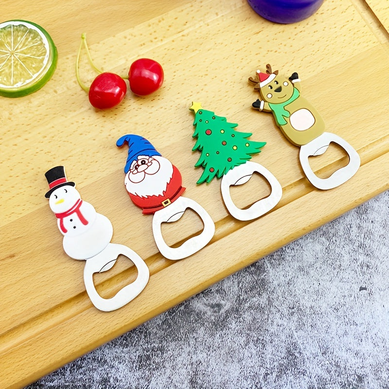 Festive Christmas bottle opener with magnet featuring Santa, snowman, and reindeer designs, suitable for beer and wine. Can be mounted on fridge doors, made of metal, perfect for holiday festivities and everyday use.