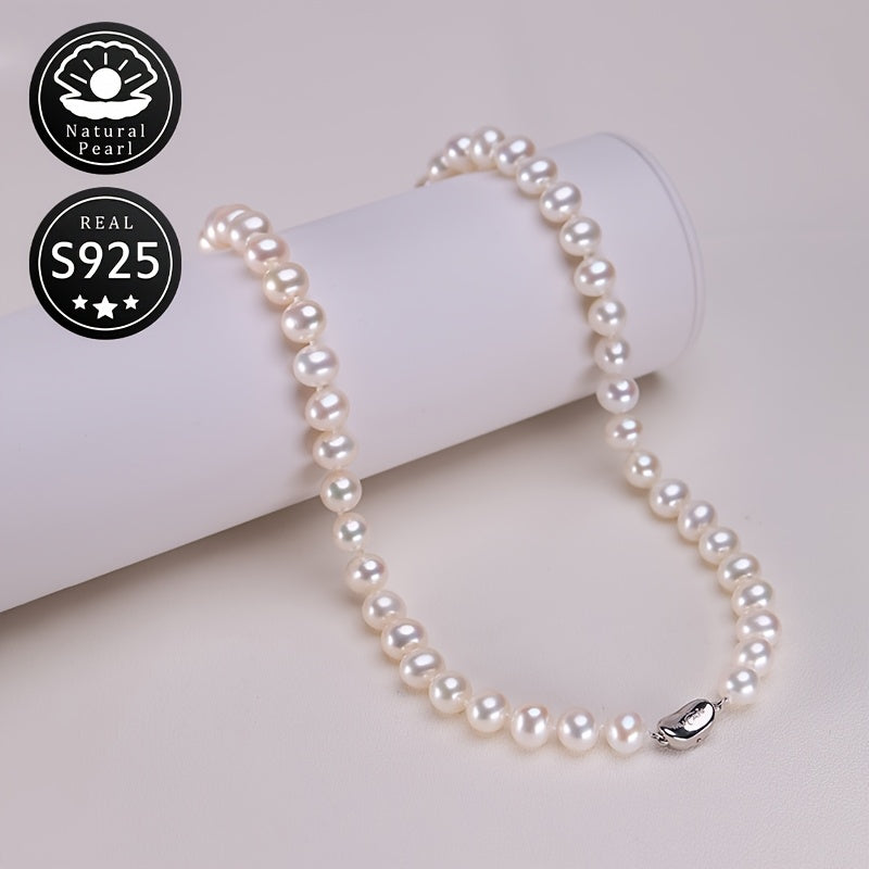 This S925 Silver Pearl Necklace features 8-9mm Natural Freshwater Pearls, perfect for everyday wear. Each pearl is unique in shape, color, and pattern placement, adding a touch of elegance to your outfit for any occasion.