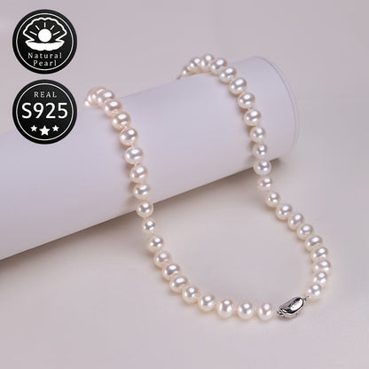 This S925 Silver Pearl Necklace features 8-9mm Natural Freshwater Pearls, perfect for everyday wear. Each pearl is unique in shape, color, and pattern placement, adding a touch of elegance to your outfit for any occasion.