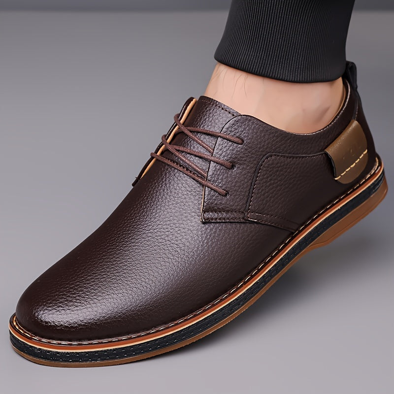 Men's fashion street style dress shoes with solid color microfiber synthetic upper, round toe, rubber sole, lining & insole, low top lace-up for daily & casual wear in spring/fall season.