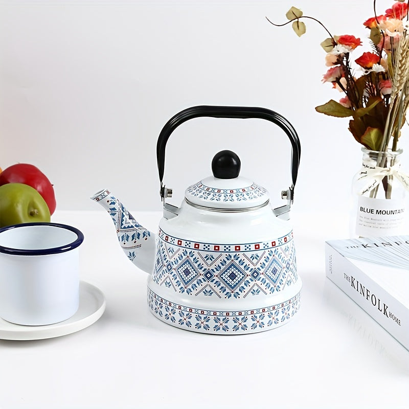 Enamel Hot Water Kettle with Geometric Print and Memory Flower Design, 1.1L capacity, suitable for household use. Features Ancient Clock and Target design. Versatile kettle suitable for brewing tea, coffee, or other beverages. Combines Middle Eastern and