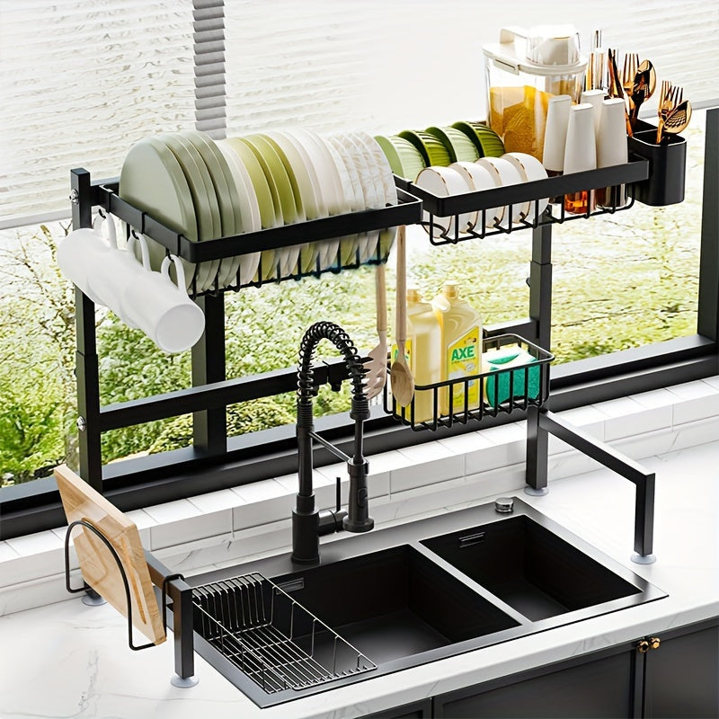 Over Sink Dish Rack made of durable stainless steel, featuring a multi-functional design with built-in utensil holder, drying rack, knife slot, and plate, cup, and cutlery storage capabilities. Ensures no food contact for added cleanliness.