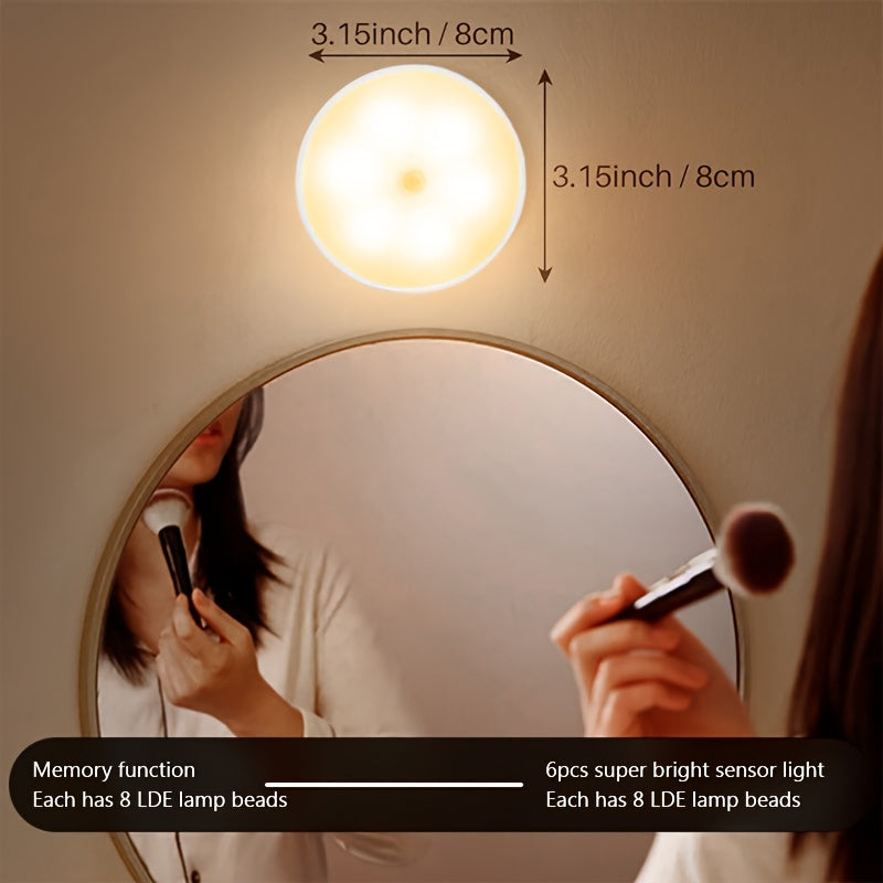 USB rechargeable wall-mounted smart lamp with adjustable brightness. Round LED night light for bedroom and living room with sensor and button control modes. Perfect for bars, stairs