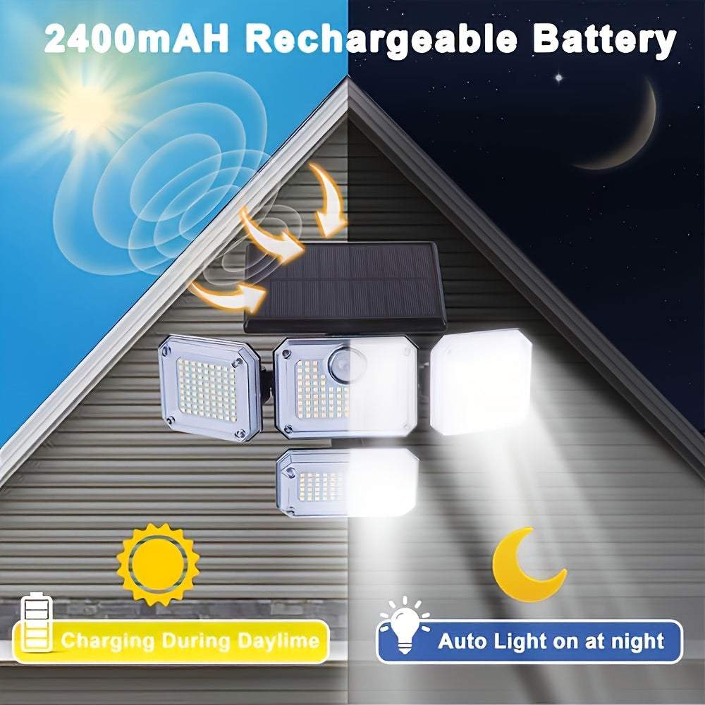 Solar-powered outdoor light with 333 LEDs, motion sensor, remote control for 3 modes, and 4-head design for patio, garage, porch, yard.