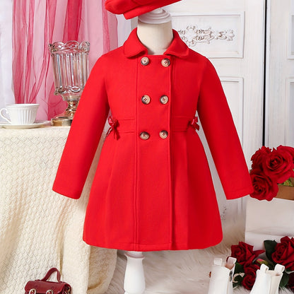 Youthful girls can look stylish in this casual polyester trench coat with lapel collar, double-breasted design, and matching bow detail and hat.