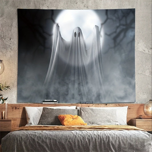 Ghostly figures stand in the mist before the full moon, a haunting Halloween tapestry for your home decor.