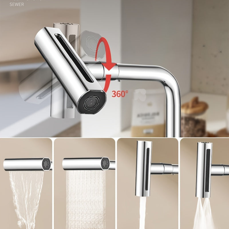 Commercial kitchen faucet with sprayer, rotary spout, and durable single-handle mixer. Space-saving design for various locations including farmhouses, caravans, stores, and modern kitchens.