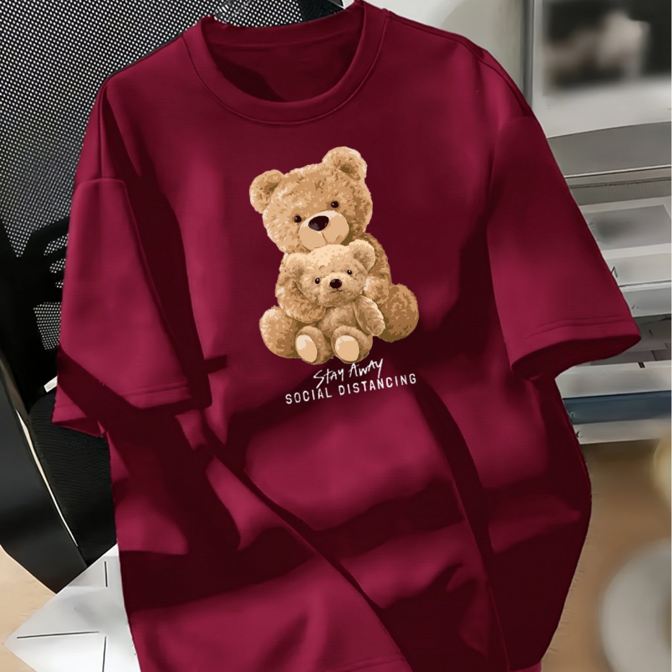 Women's casual crew neck T-shirt with cartoon bear print, made of 100% cotton. Loose fit knit fabric for all-season comfort, no chest pad or lining.