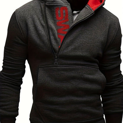 Men's long sleeve letter print hoodies with kangaroo pocket, zipper, and sloped collar. Suitable for outdoor sports in autumn and winter, fashionable and versatile.