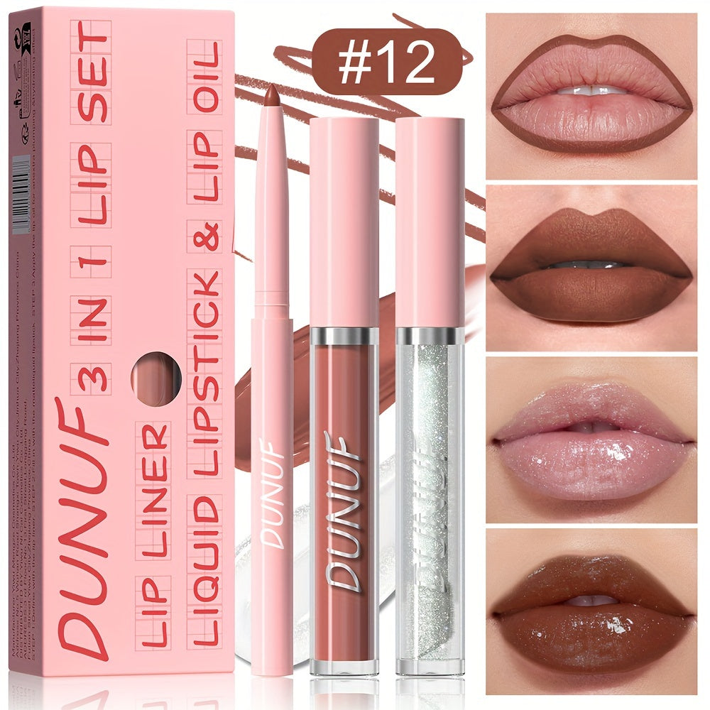 DUNUF 3-in-1 Lip Set includes velvet matte lip gloss, lip liner pencil, and lip oil, suitable for all skin types and waterproof.