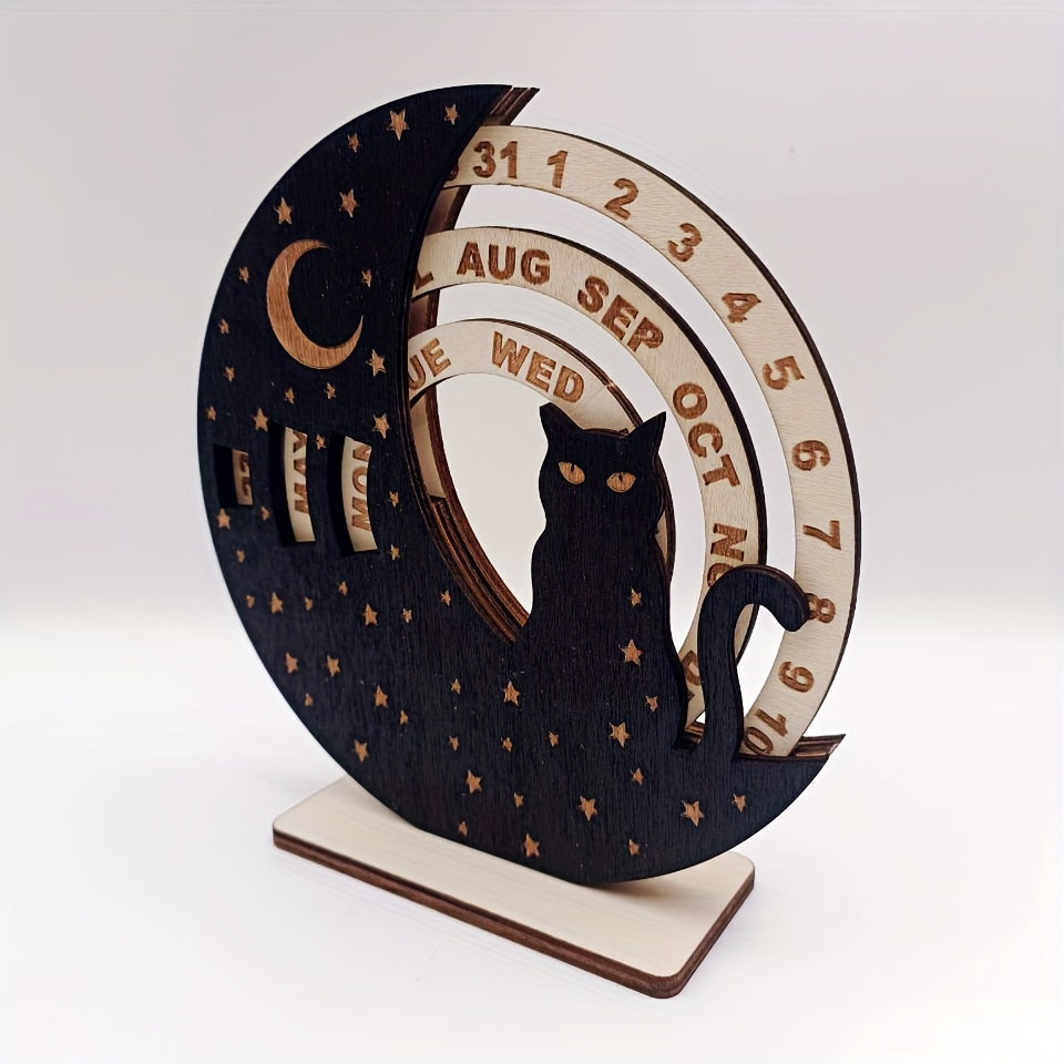 2023 Rustic Wooden Moon Wolf & Cat Calendar with Pine Tree & Star Design, No Electricity Needed, Perfect for Home Décor & Holidays, Wolf-Themed