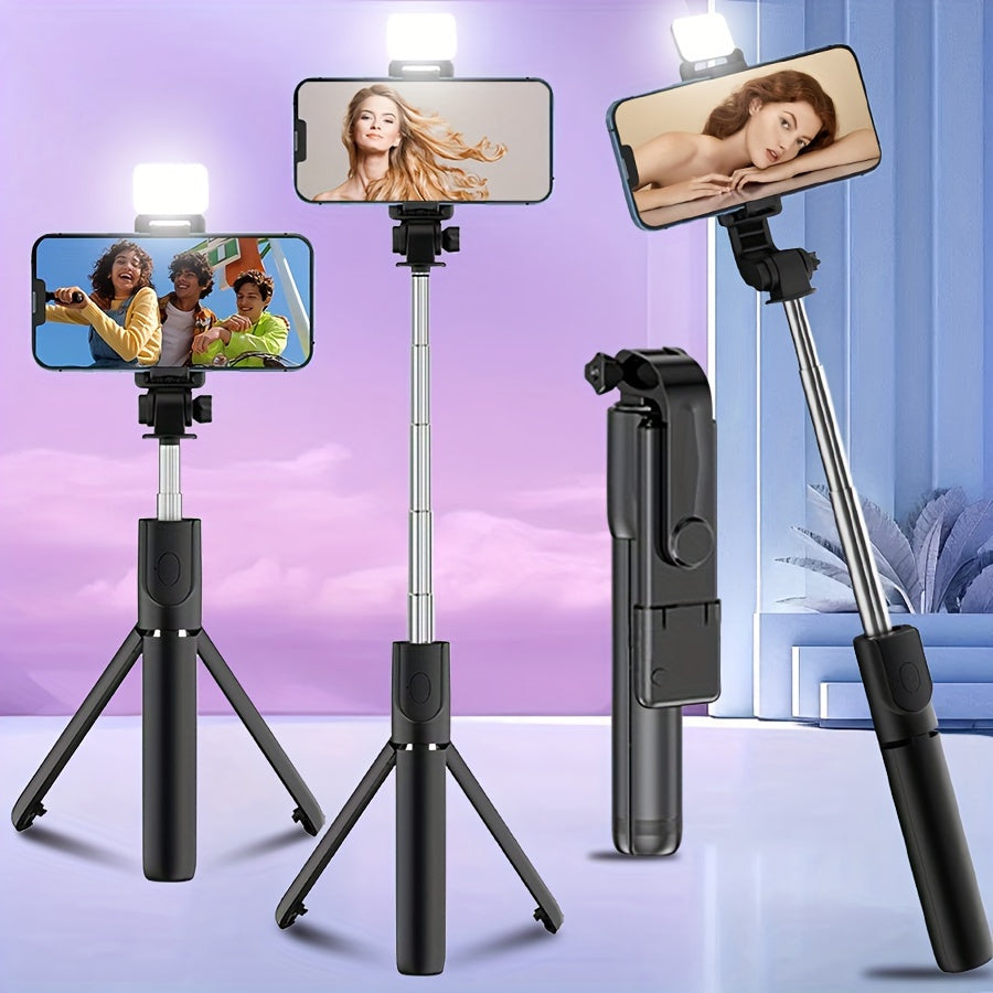 Portable selfie stick tripod with built-in fill light, wireless, anti-shake and 360-degree rotating phone holder for stable and versatile use.