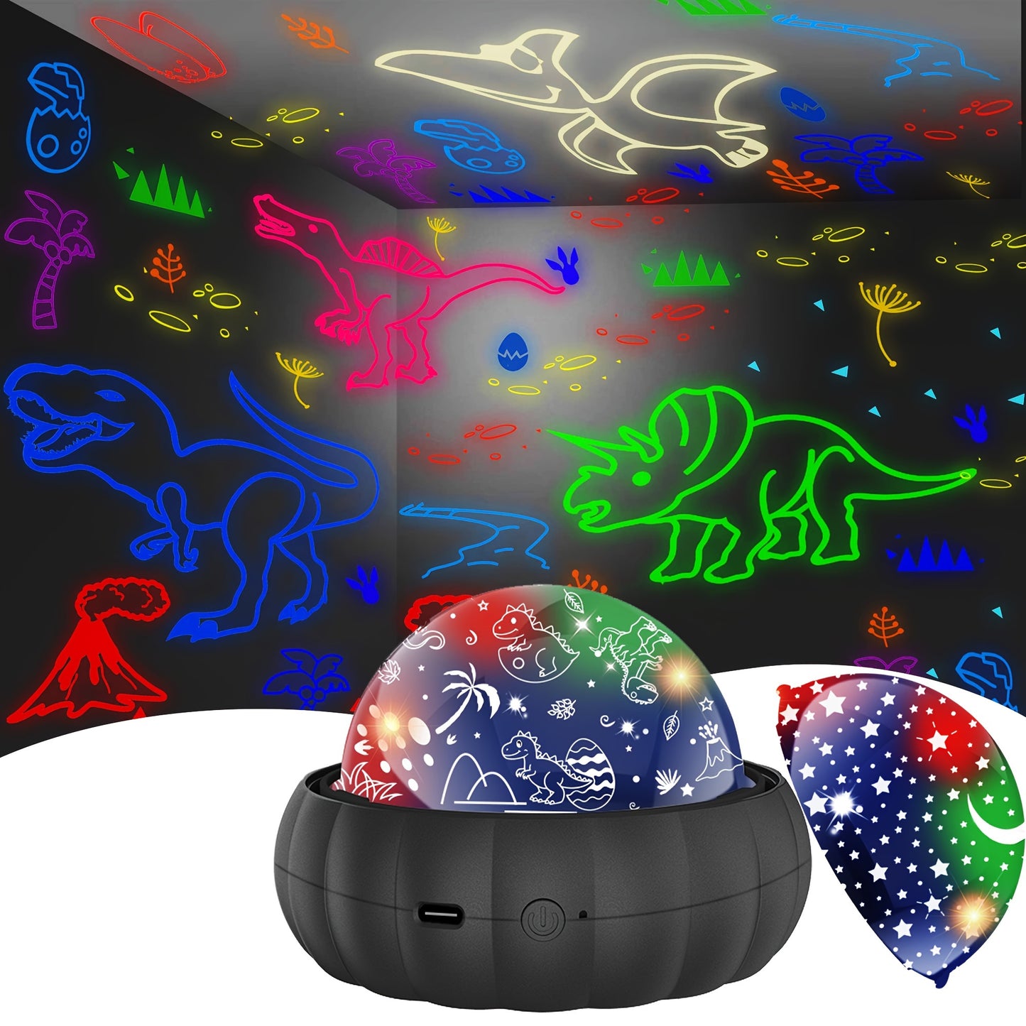 Star Projector Night Light with Dinosaur and Moon & Stars Galaxy Projection, 360° Rotation, Color Changing – Perfect Christmas Gift for Best Friend.