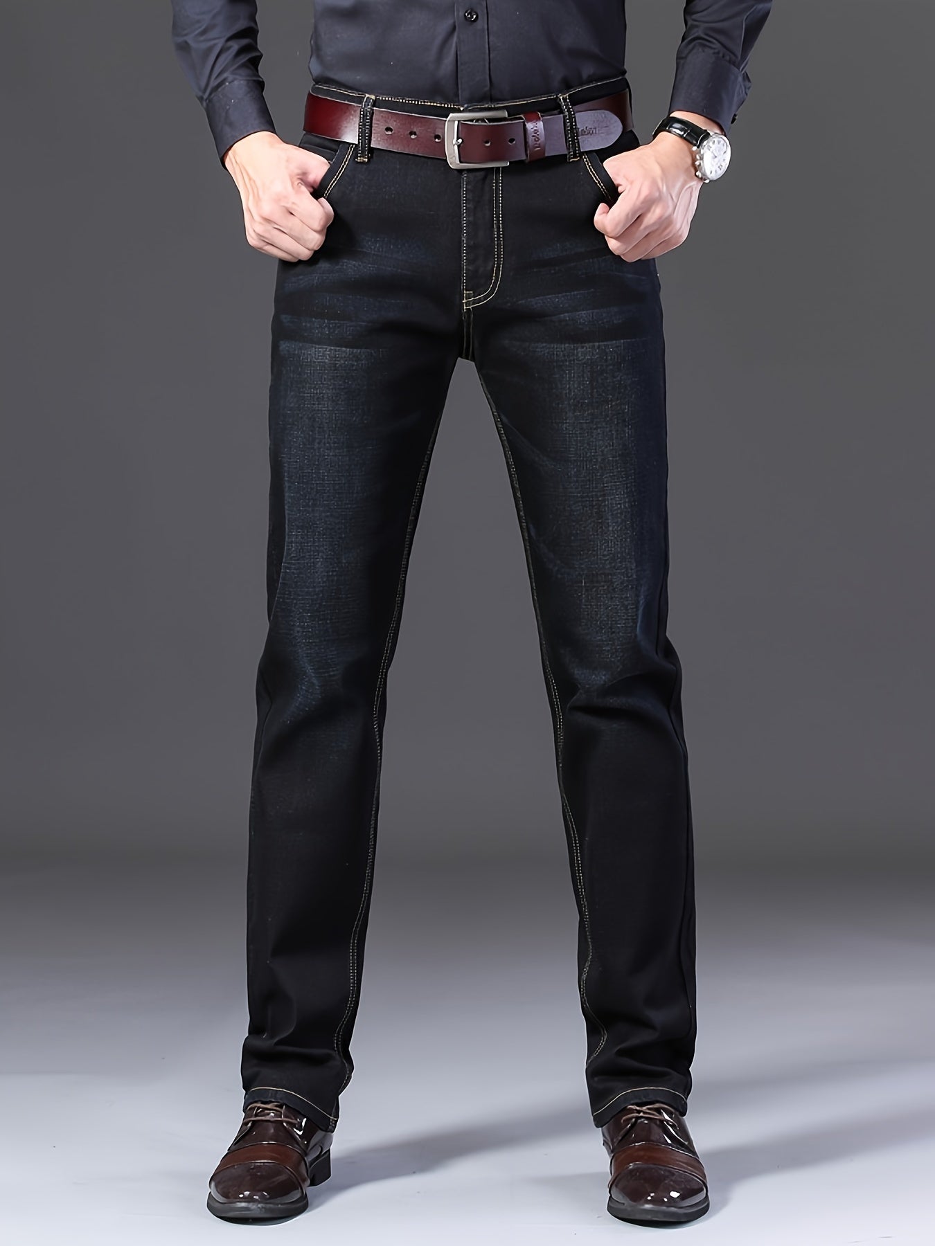 Men's solid denim jeans with a light business style, slightly stretch straight leg pants for outdoor casual daily wear.