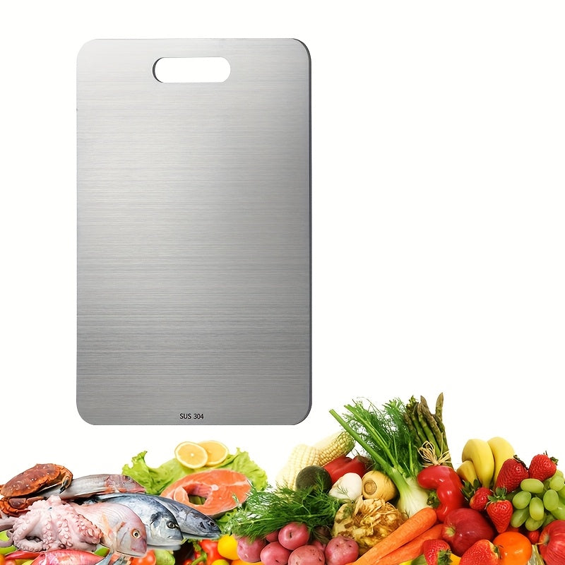 Durable Stainless Steel Cutting Board, with double-sided design, measuring 22.99 x 34.04 cm. This metal cutting board is food-safe, easy to clean, and suitable for cutting meat, vegetables, and fruits.