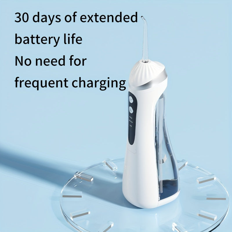 Wireless portable electric water flosser with 3 modes, large water tank. Comes with 1 main unit and 4 nozzles. Ideal for home or travel use.