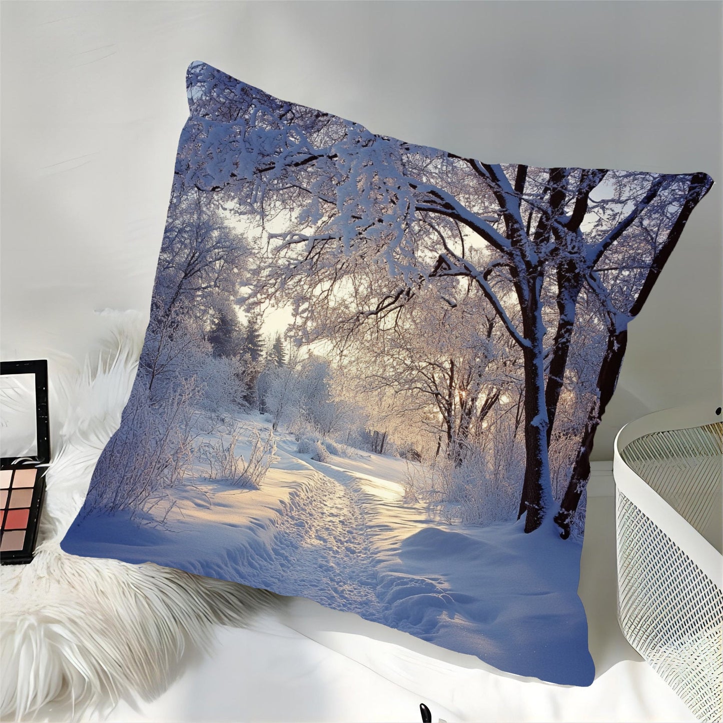 Stay cozy with our Winter Wonderland Snow Scene Throw Pillow Cover, measuring 45.72x45.72 cm. Made of contemporary short plush polyester, this machine washable pillowcase features a zippered design for easy cleaning. Suitable for various room types, this