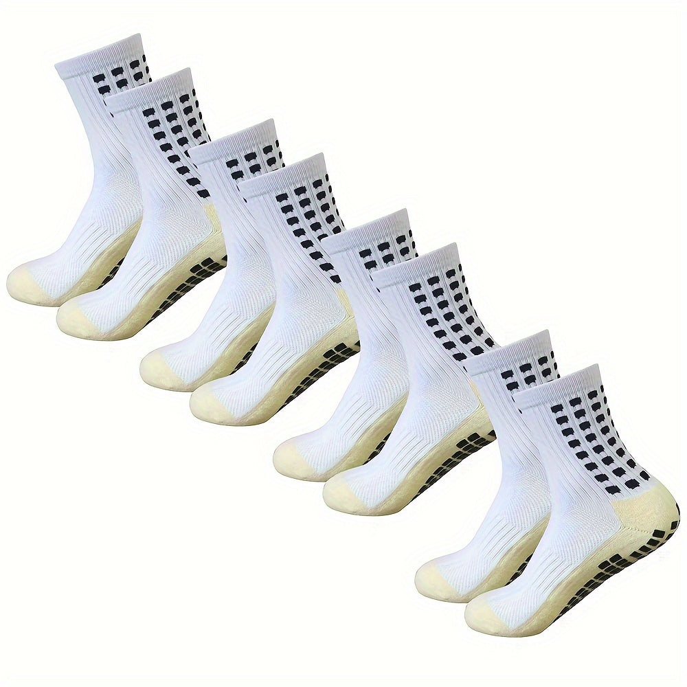 4 pairs of men's football socks made of knit polyester with terry bottom. Features include anti-smell, anti-slip, and wear-resistant properties. Machine washable and composed of 20% Spandex