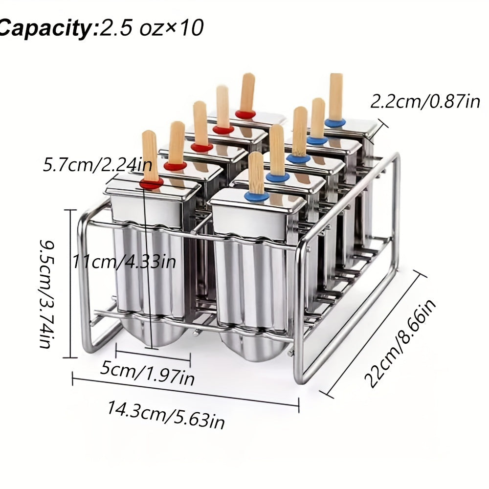 6 or 10 piece set of 304 stainless steel popsicle molds with cover, stainless steel popsicle stand base, and ice cream sticks for DIY golden popsicle molds and creative fruit popsicle molds. Essential kitchen tools for making delicious treats.