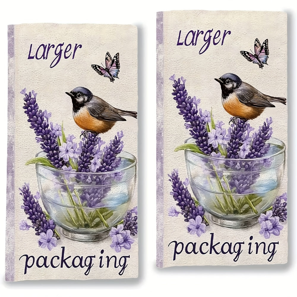 Pair of ultra-soft lavender kitchen towels adorned with birds and butterflies in purple hues. These highly absorbent towels are perfect for holiday decor and are machine washable. Each towel measures 40.64x60.96 cm.