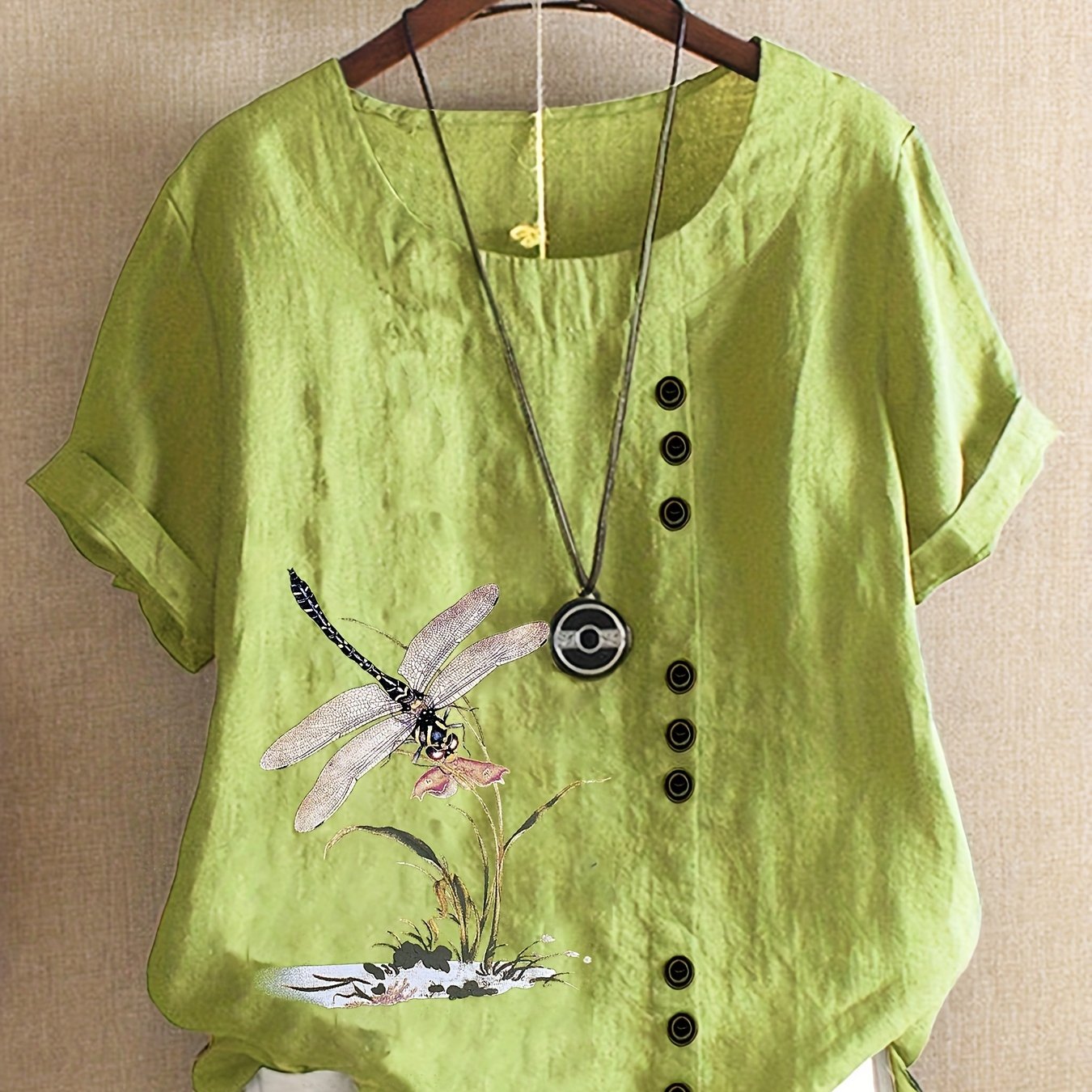 New style casual loose linen printed short-sleeve pullover shirt for plus-size women.