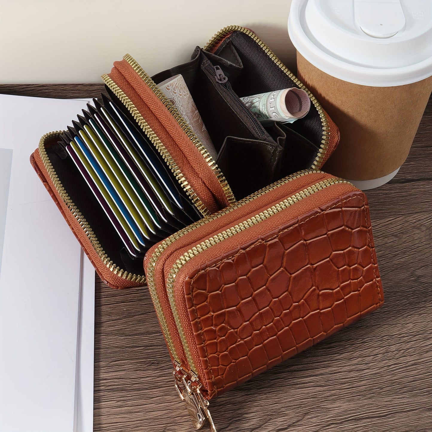 Large capacity credit card wallet with zipper.