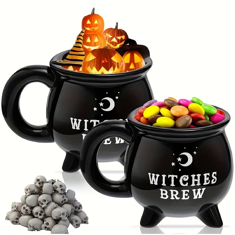 Large Halloween-themed soup pot made of ceramic with a lid, perfect for storing candy and cookies. This magic witch's potion cup is a great addition to your kitchen and dining decor. It is food-safe and can be used for serving deliciously spooky treats.