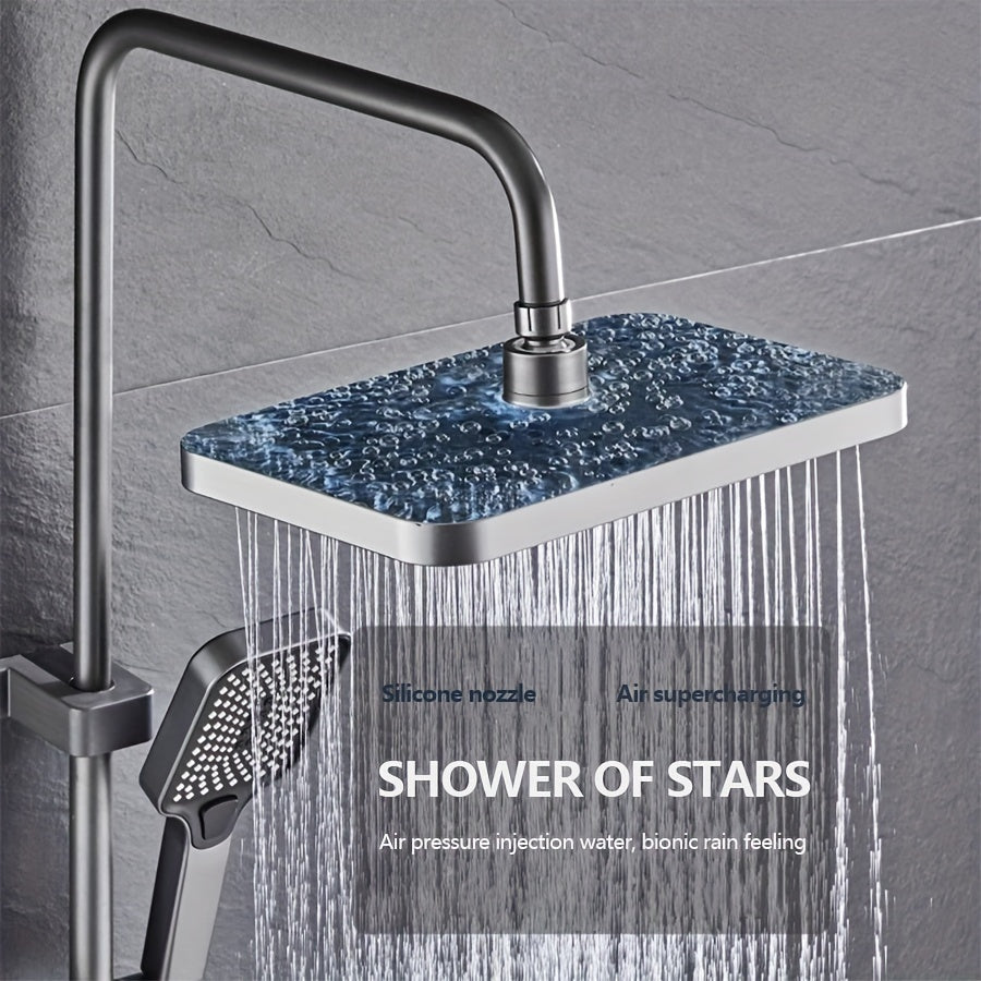 High-pressure shower head set measuring 12 inches with a 4-function handheld shower, crafted from metal and plastic. Does not require electricity or batteries, and includes a temperature display.