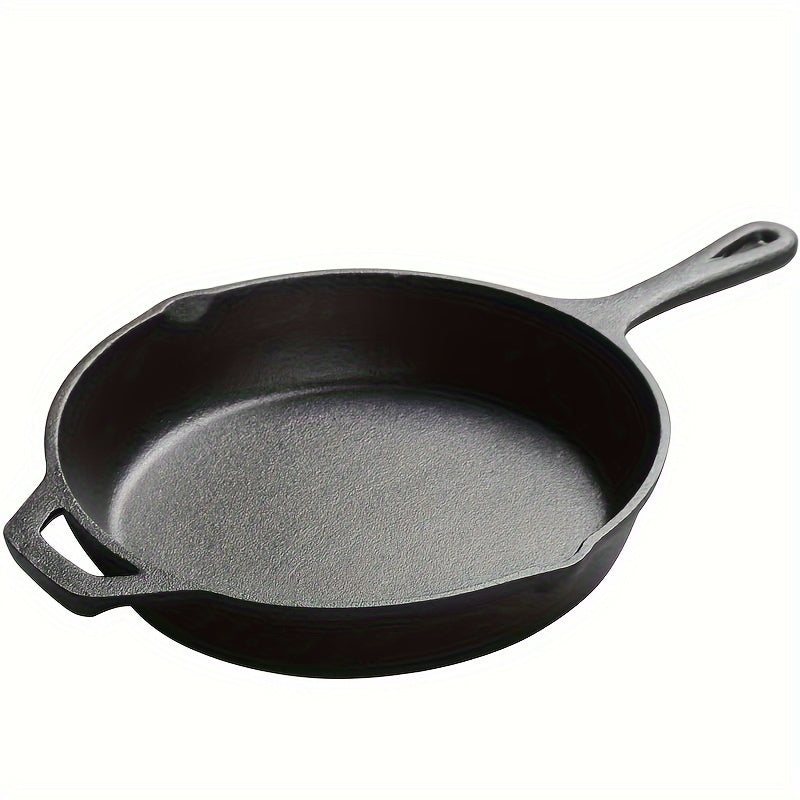 12-inch one-piece cast iron frying pan with a thickened design, featuring a flat bottom and no coating, perfect for frying and baking.