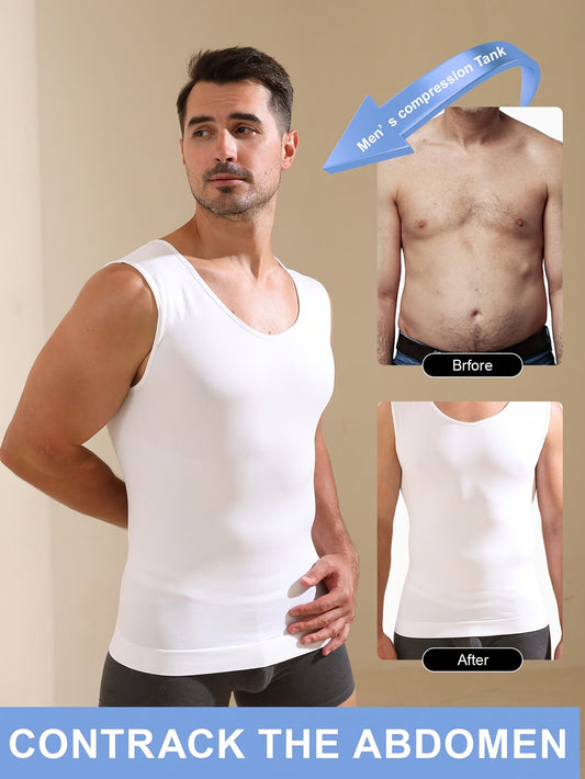 Men's Compression Tank Top with high stretch knit fabric, crew neck, sleeveless design, solid color, skinny fit, moisture-wicking, quick-drying features. Ideal for body shaping and tummy